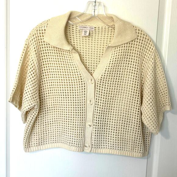 Sincerely Jules Wms XS Open Knit Cream Cropped Shrug Sweater Button Up Layering - Picture 8 of 8